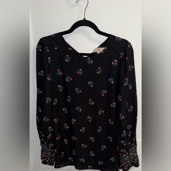 LOFT Tops - LOFT Black Floral Long-Sleeve Blouse with Red and Blue Accents